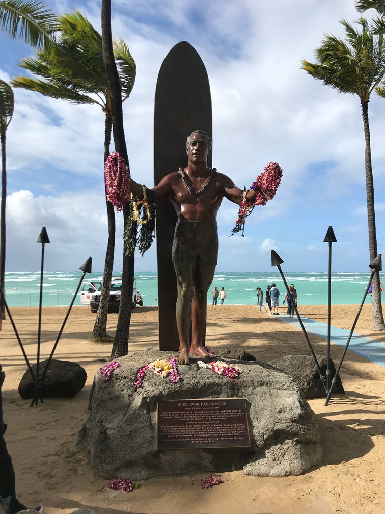 The statue of Duke Kahanamouku on Waikiki Beach, Honolulu, Hawaii.