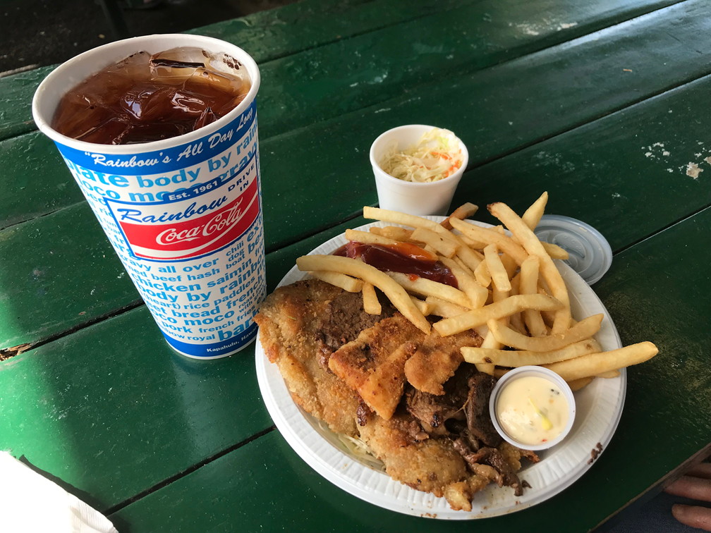 The Mix Plate - our lunch at the Rainbow Drive In in Honolulu, Hawaii.