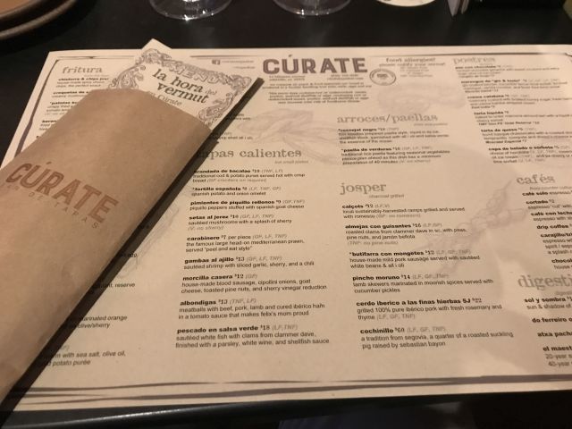 The menu at Cúrate in Asheville, North Carolina