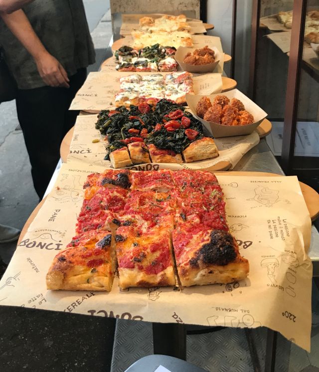 A selection of pizza at Pizzerium Bonci in Rome, Italy.