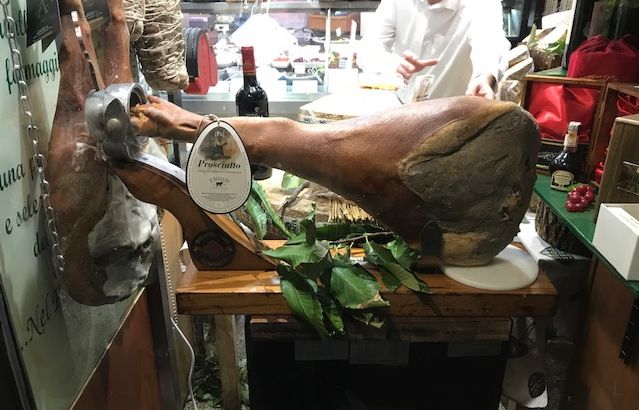 Prosciutto for sale at La Tradizione in Rome, Italy.