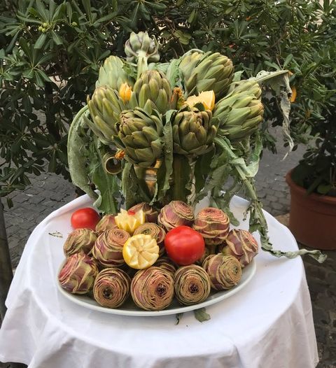 Artichokes on display at Hostaria Da Giggato in Rome, Italy.