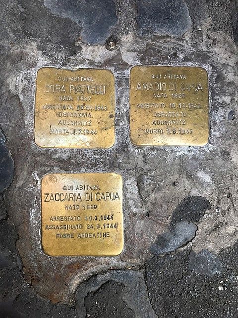 "Stumbling stones" - markers set in the street to identify the homes of Jews killed by Nazis during World War II.