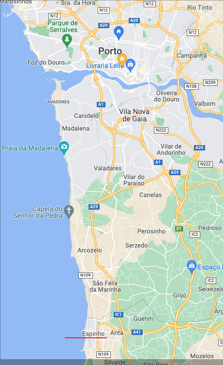 A map showing Porto and Espinho