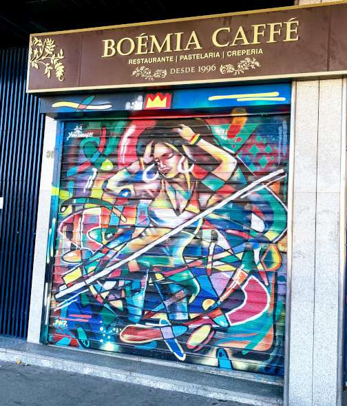 A mural on the shutters of the Boémia Caffé in Boavista.