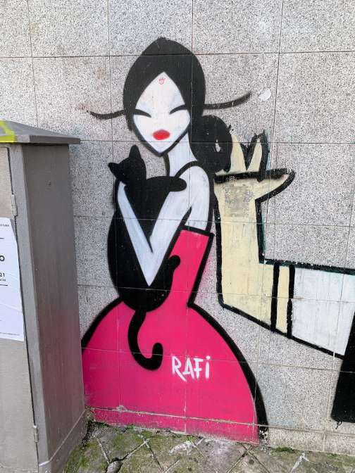 Street art by Rafi in Porto - a woman with a cat