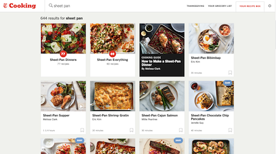 The search screen on New York Times Cooking, showing 644 sheet pan recipes.