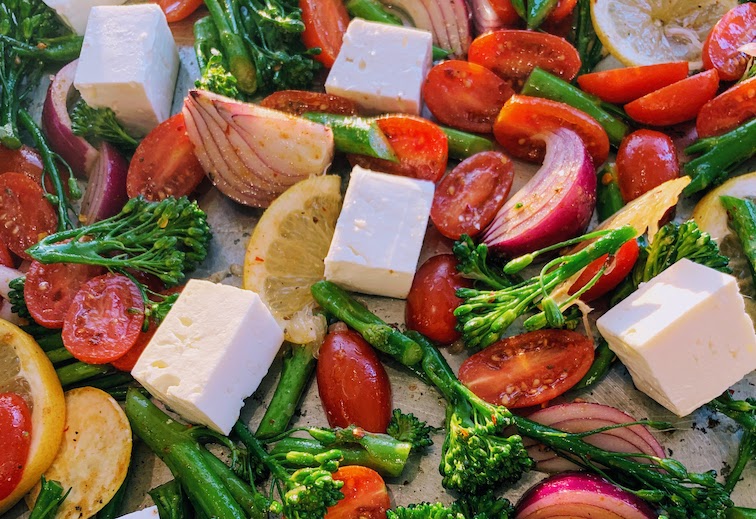 Close up of a sheet pan dinner