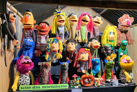 A display of puppets for sale at the Christmas market in Matosinhos.
