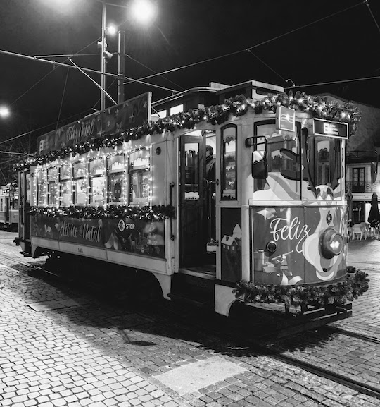 A trolley decorated for Christmas in Porto.  Santa Clause waited inside to talk to the children.