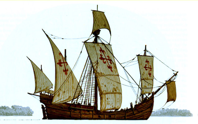 A 3-masted caravel sailing ship