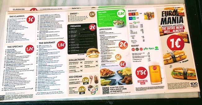 The menu at 100 Montaditos in Cascais