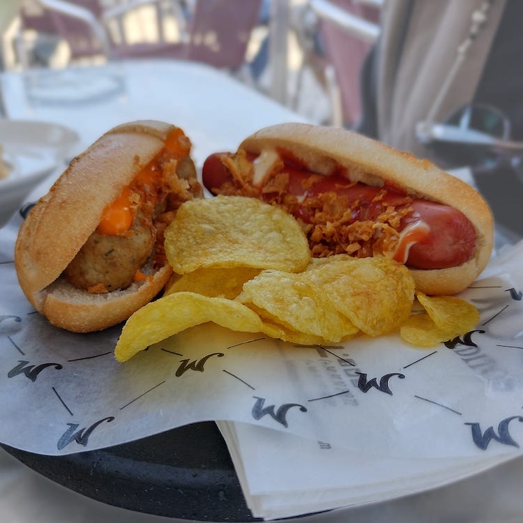 Meatball sandwich and hot dog at 100 Montaditos in Cascais, Portugal