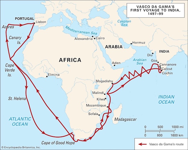 A map of Vasca da Gama's first voyage to India