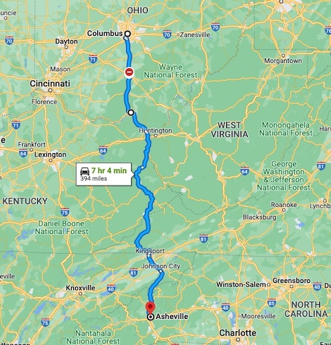 A map showing our route from Columbus, Ohio to Asheville, NC