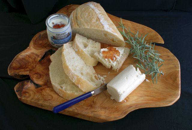 Good bread, goat cheese, yogurt and rose jelly