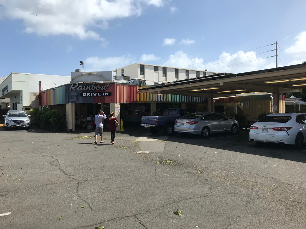 A street side view of the Rainbow Drive In in Honolulu, Hawaii.