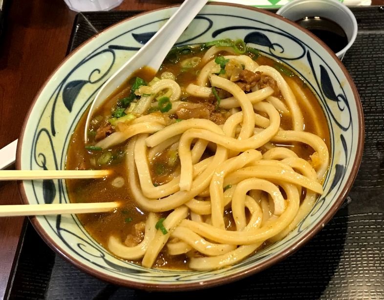 A hot bowl of udon noodles in curry broth at Udon Marukame in Waikiki.