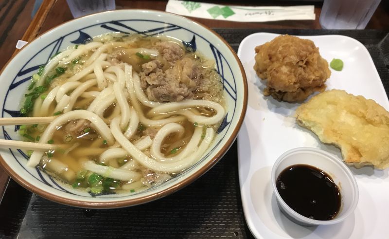 Udon with beef, chicken tempura and sweet potato tempura.