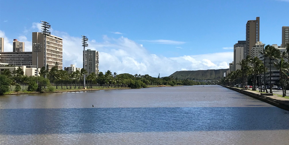 The Ala Wai Canal at the western edge of Waikiki in Honolulu, Hawaii - looking east toward Kapahula Avenue.