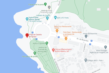 A map showing the location of the Praia do Castel do Queijo in Porto, Portugal.