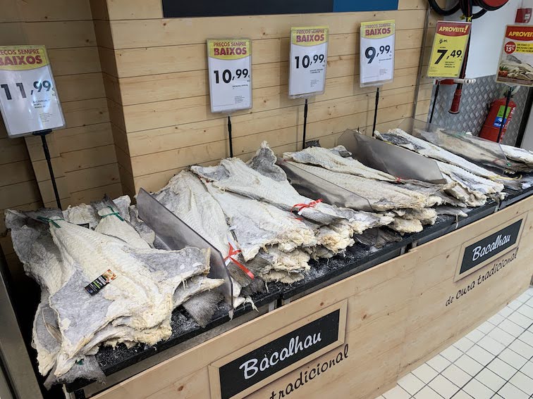 Slabs of bacalhau (salt-dried codfish) in a local market in Porto