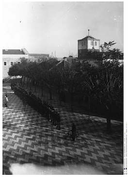 Archival photo of the cobbled Parade Ground at the Castelo de São Jorge in Lisbon, circa 1842.