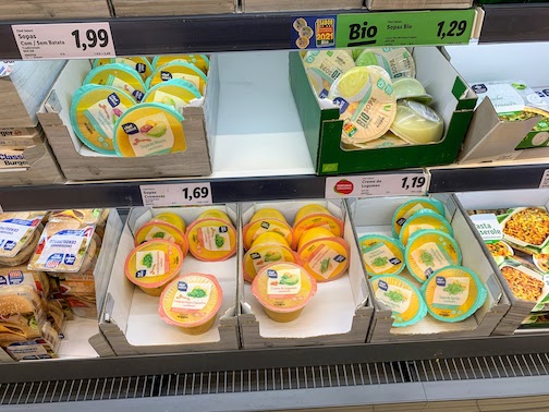 Soups on sale at a grocery store in Porto