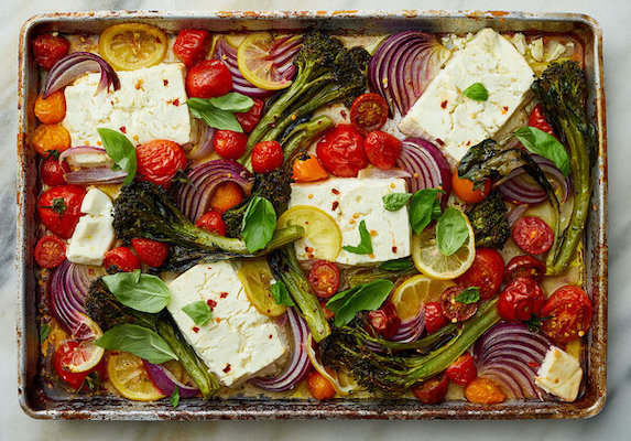 Sheet pan baked feta with broccolini, tomatoes, and lemon
