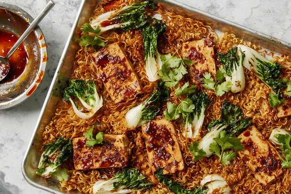 Sheet pan noodles with glazed tofu