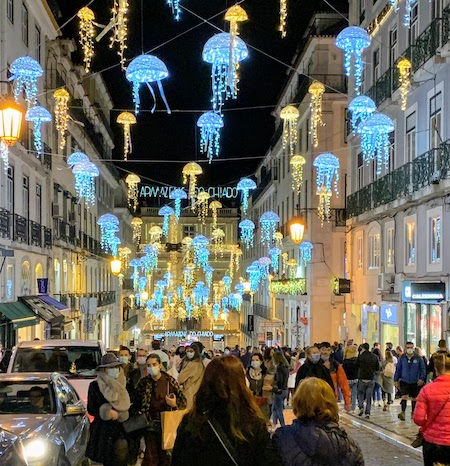 Lights shaped like jellyfish in the Chiado neighborhood of Lisbon.