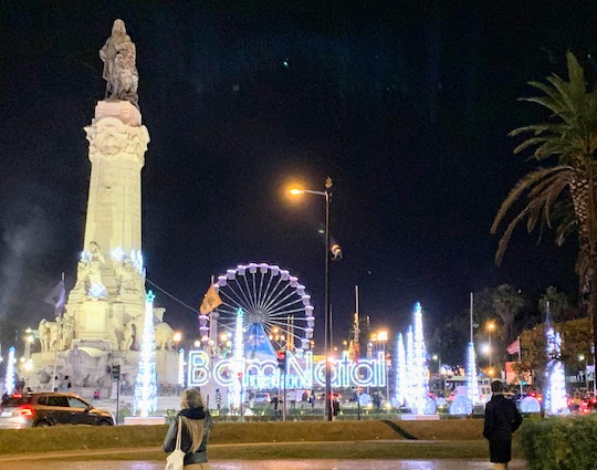 Hoiday lights in the Praç do Marques do Pombal in Lisbon.