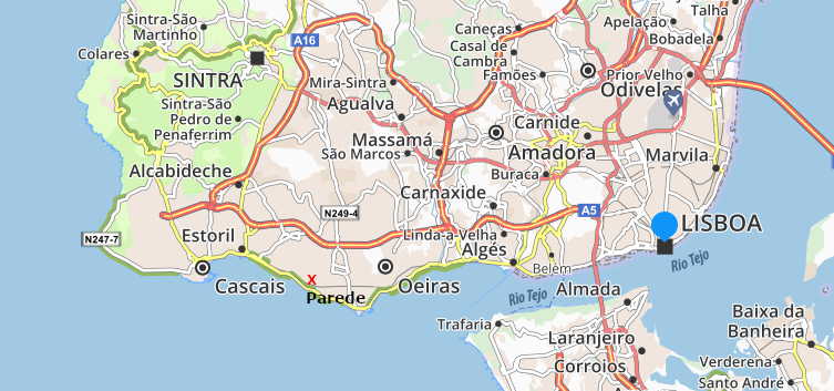 Map showing Parede between Cascais and Lisbon