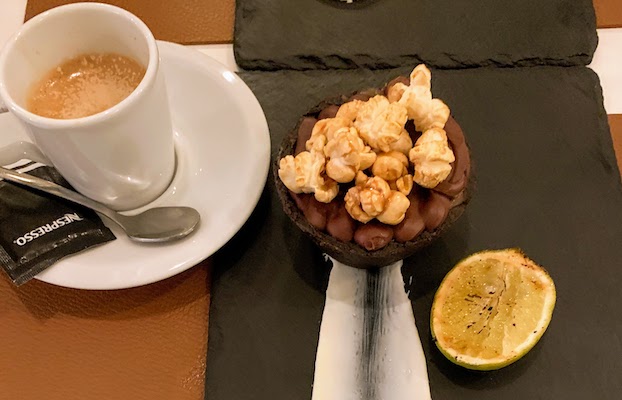 Chocolate caramel tart with popcorn and toated lime at Down Under in Lisbon