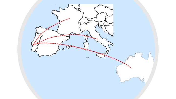 A simple map of the world showing lines from Lisbon to France, Italy, and Australia