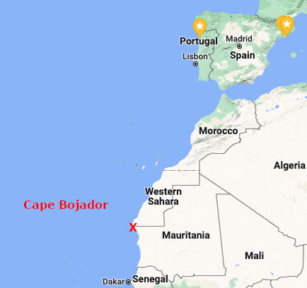 Map showing Cape Bojador