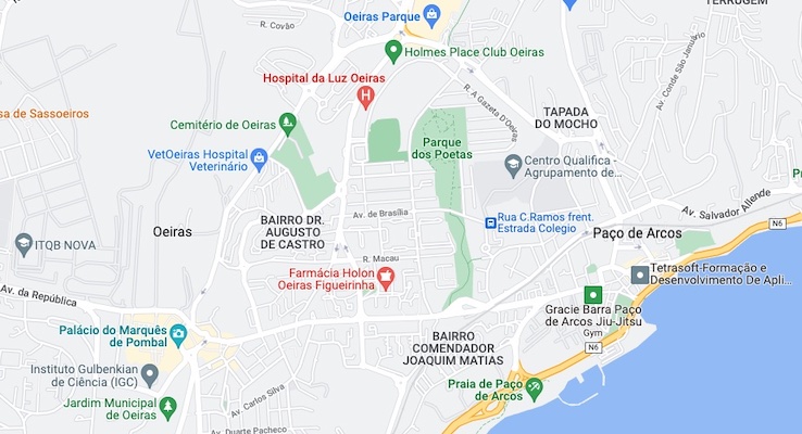 A map showing the Parque dos Poetas in Oeiras, Portugal