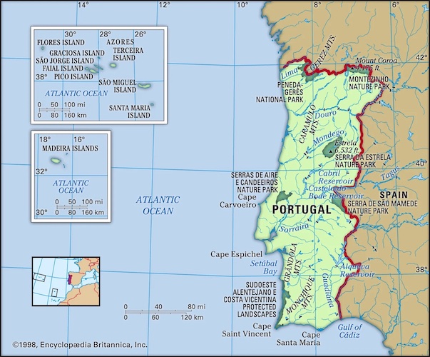 A map of Portugal showing the Azores archipelago