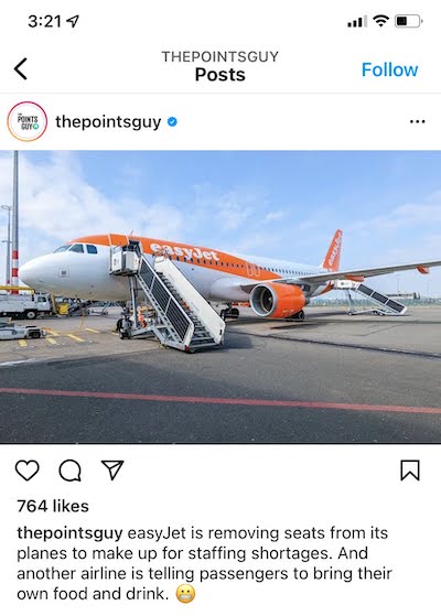 A screenshot of a Twitter post by The Points Guy that talks about how easyJet is removing seats from its planes to make up for staffing shortages.