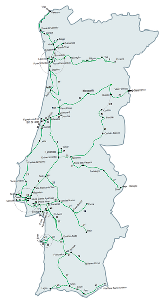 A map of Portugal showing CP train routes