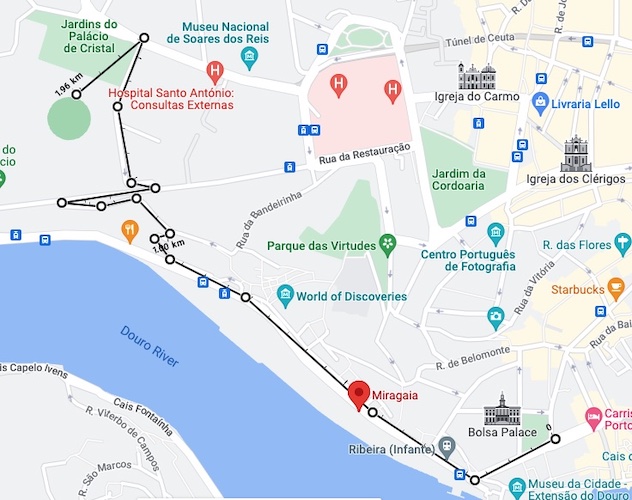 Map showing a route to the Super Bock Arena from the Praça do Infante D. Henrique in Porto.