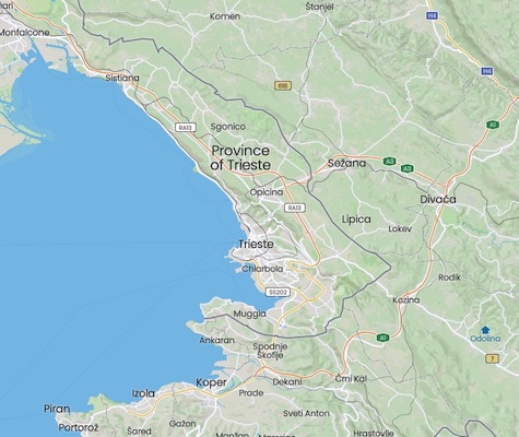 A map of the Province of Trieste, showing the proximity to Slovenia