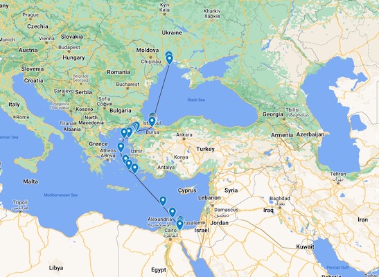 A map showing the route of the Brave Commander as of 04:03 UTC on 25 Aug 2022