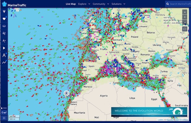 A screen shot of MarineTraffic.com showing all the ships around Europe and Northern Africa on 25 August 2022