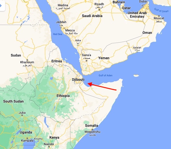 A map showing the Horn of Africa, highlighting Djibouti