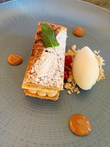 Mille-feuilles of salted caramel with green lime sorbet