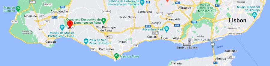 A map of the Portugal coast highlighting Estoril