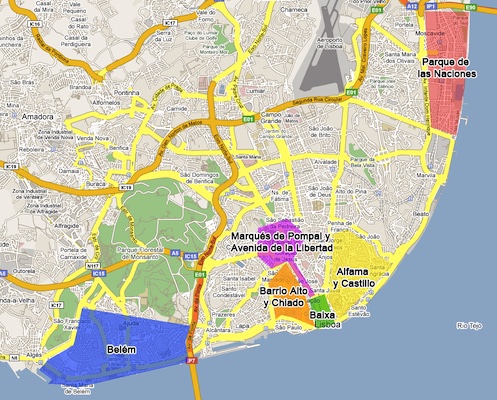 A map showing major neighborhoods in Lisbon