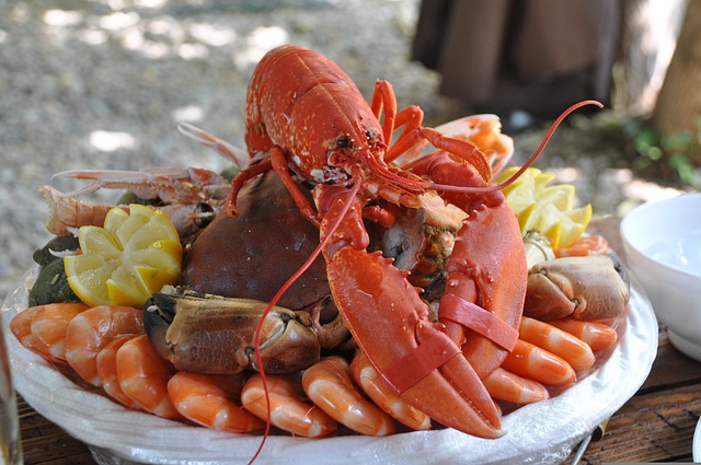 A seafood platter with lobster, shrimp, and crab.