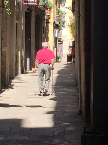 Emile walking down Carrer de Montsis - "Bitter Street"